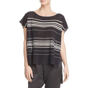 Eileen Fisher Organic Linen knit SS top size large Black/Grey Italian yarn
